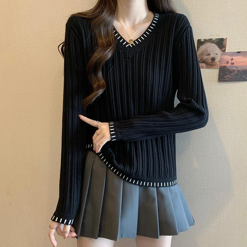 

Модный вязаный свитер с V-образным вырезом в стиле колор-блок для женщин, свободные полосатые топы на осень-зиму XXL чёрный