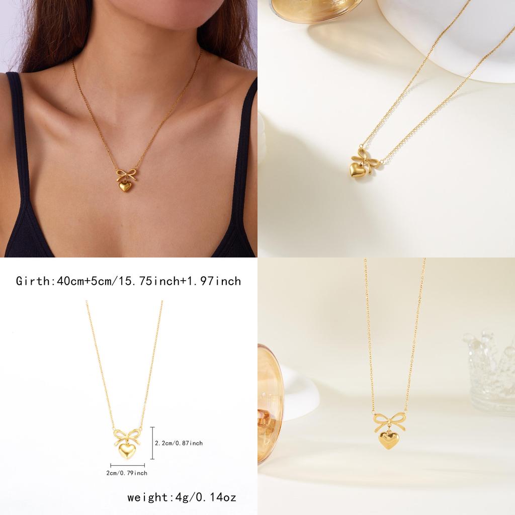Summer Fashion Heart And Butterfly Bow Necklace In Gold Tone Stainless Steel For Women