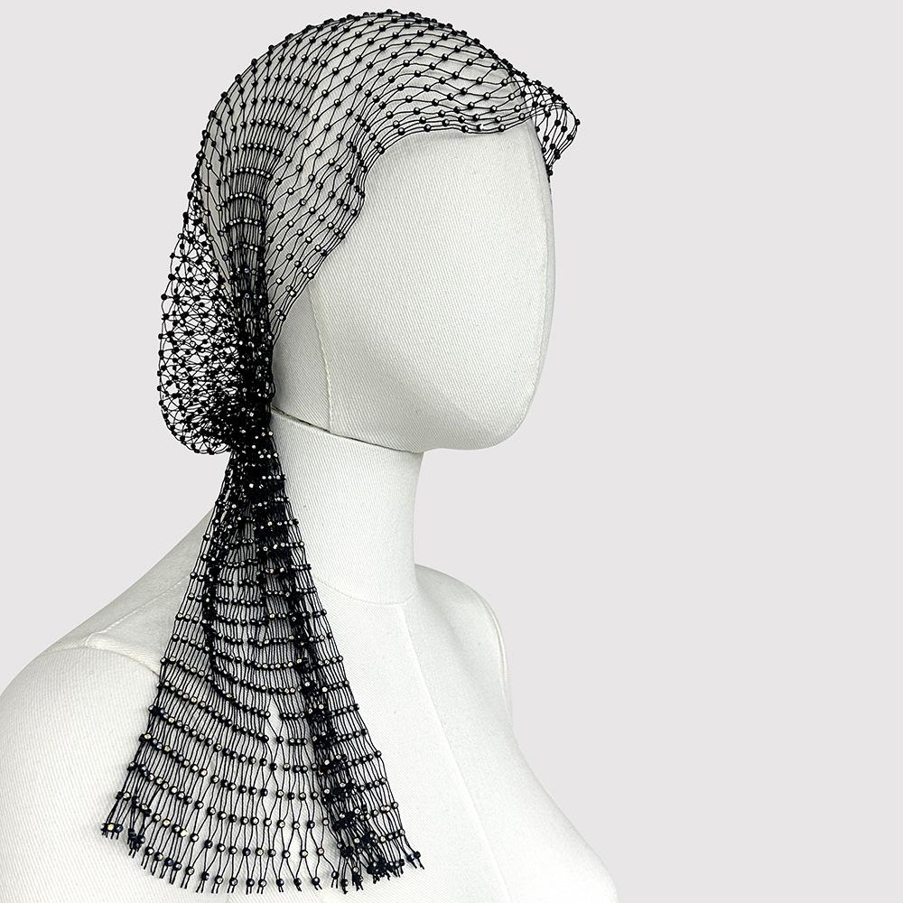 Rhinestone Fishnet Headscarf & Diamond Mask - Trendy Holiday Party Hat & Fashion Statement.