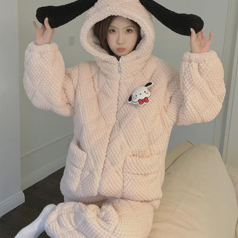Women's Winter Pajama Set - Three-Layer Quilted, Thick Velvety Coral Fleece, Warm & Cute Bear Design
