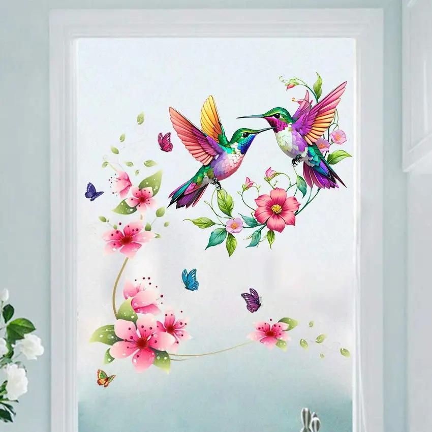 Hummingbird Flower Window Sticker Colorful Self Adhesive Glass Decal Decor