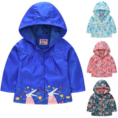 Children's Clothing Girls Cute Button Coat Printed Long-sleeved Hooded Windbreaker Jacket