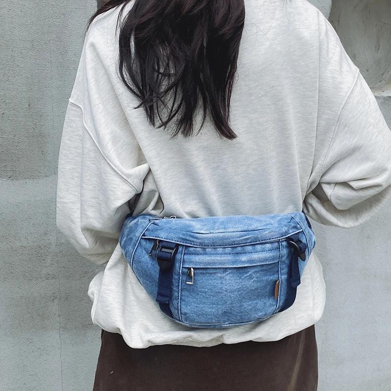 Casual Waist Bag Ladies Designer Denim Fanny Pack Fashion Travel Money Phone Chest Banana Bag Large Capacity Female Bum Belt Bag
