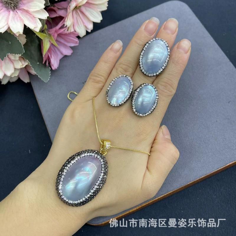Natural Gray Mabe Pearl Jewelry Set Original Design Necklace Earring Ring Trio Women