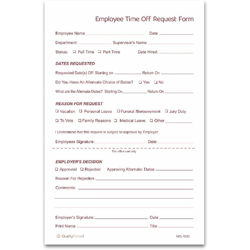NextDayLabels - Pack of 100 Sets 5-1/2  x 8-1/2  2 Part NCR Carbonless Time Off Request Forms