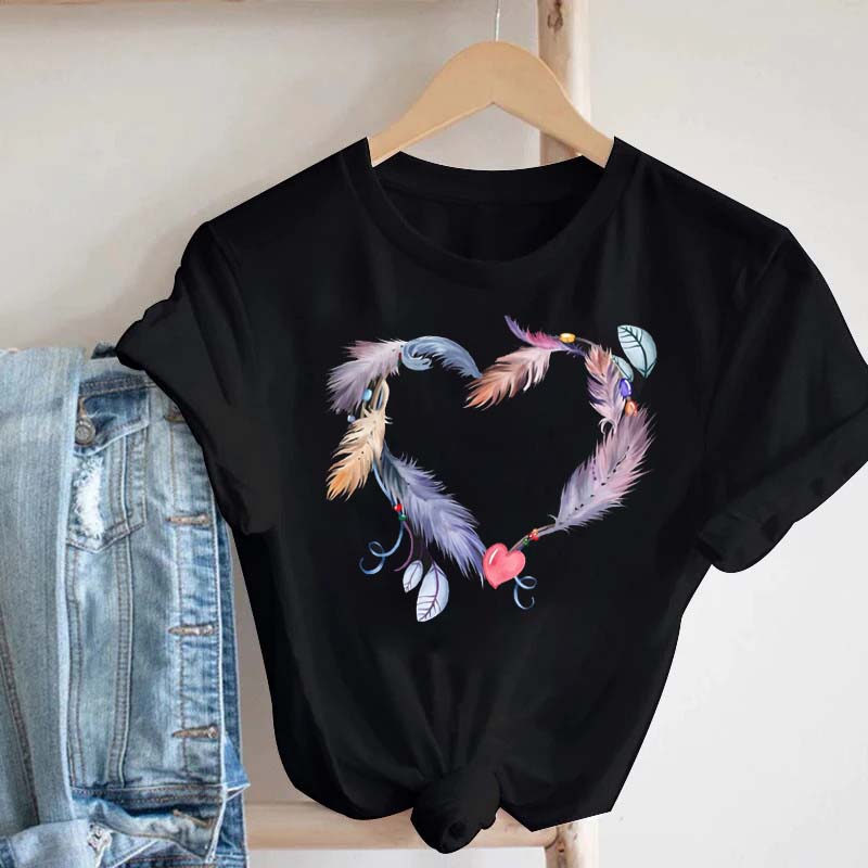 Women's T-shirt Watercolor Feather Graphic Printed T Shirt Women Short Sleeve Tshirt 90s Streetwear Female Clothes Tops