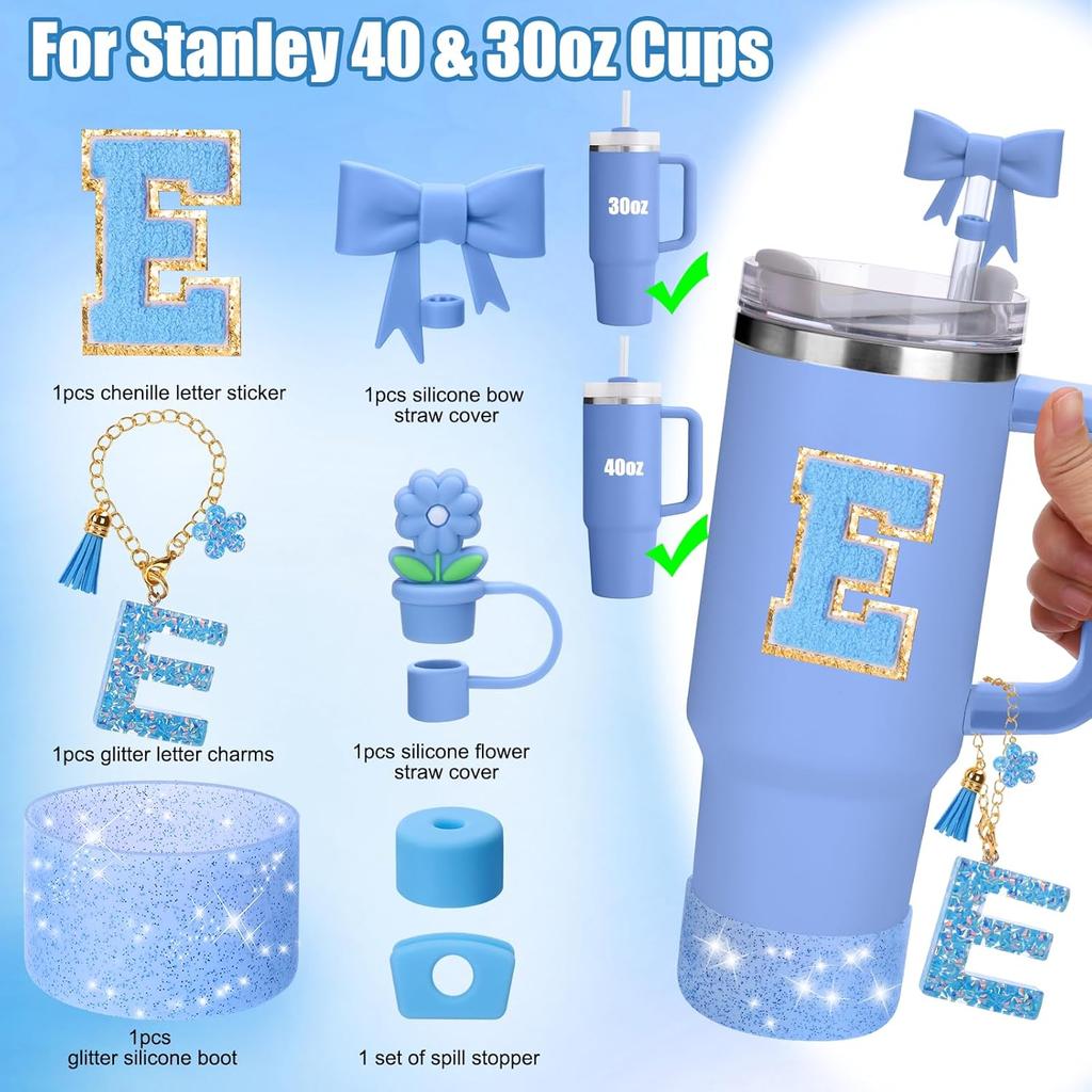 AIERSA Blue Cup Accessories Set for Stanley Cup 40 30 oz Tumbler with Handle, Cup Charms Decorations with Flower Straw Cover Topper Cap, Initial
