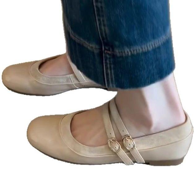 Soft leather version~ Soft leather flat-bottomed French temperament round head one-word buckle Mary Jane shoes women's retro shallow mouth ballet s