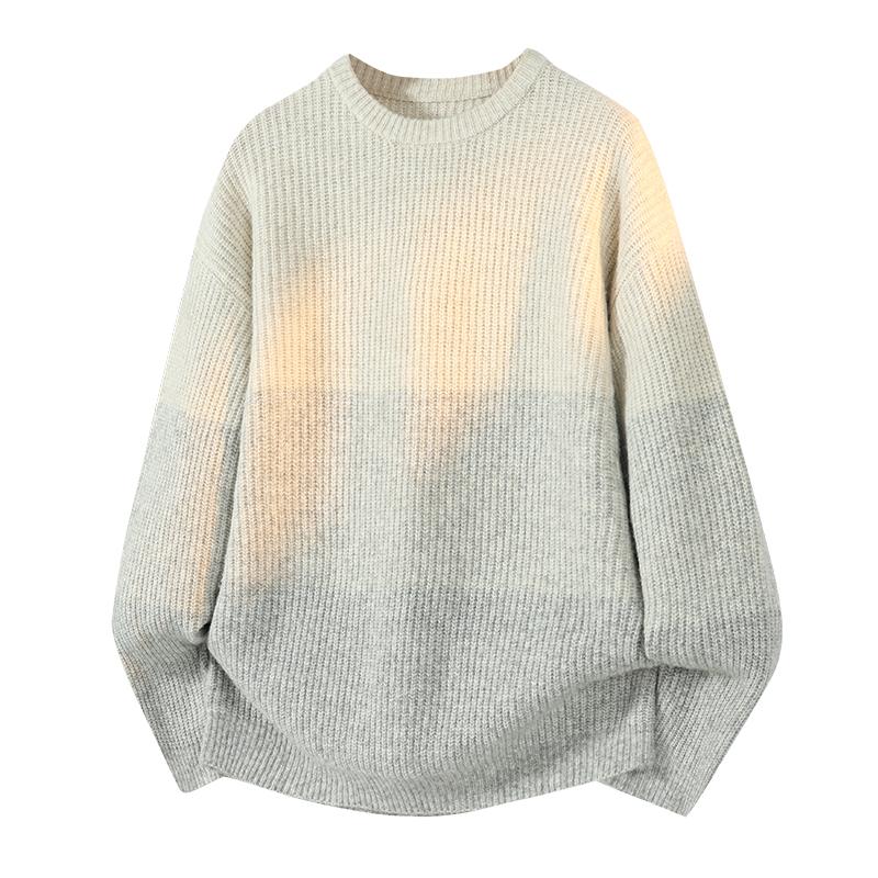 Unisex Three Color Block Striped Crew Neck Oversized Knit Sweater M серый