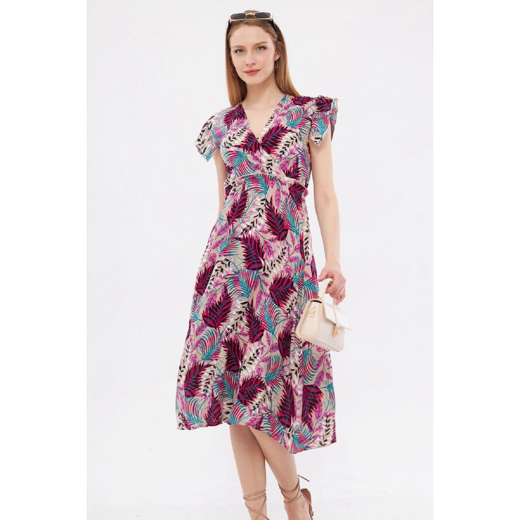 Vestido midi beige para mujer, cuello cruzado, volantes en los hombros, cintura elástica, largo midi, mangas 24y001020