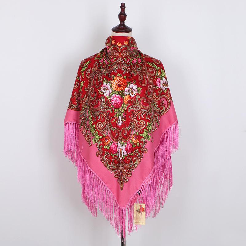 130*130cm Russian National Scarf Women Luxury Floral Bandana Fringed Ukrainian Shawl Big Size Handkerchief Babushka Head Wraps
