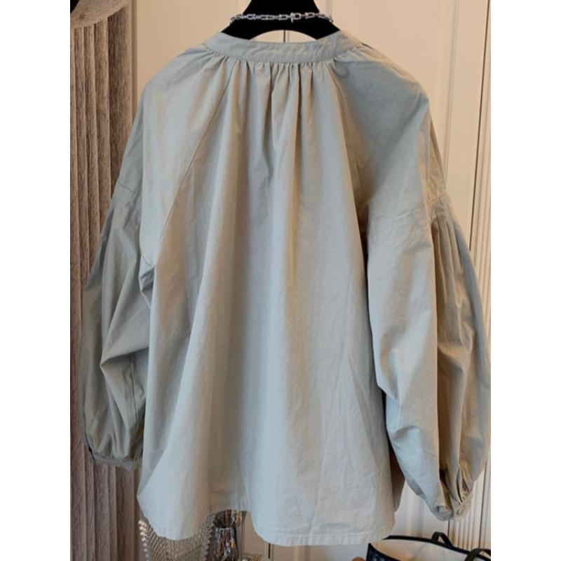 

Spring and Autumn new retro lantern sleeves stand-up collar pleated shirt casual loose design lazy shirt XL хакі