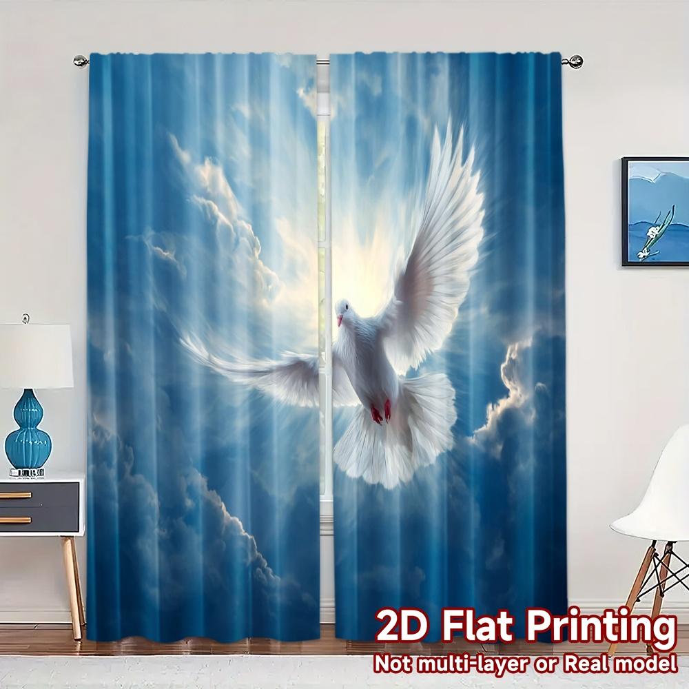 2pcs, 2D FLAT PRINTING Curtains (Without Rod) Heavenly Dove Modern Light Filtering Curtains Durable Polyester Curtains