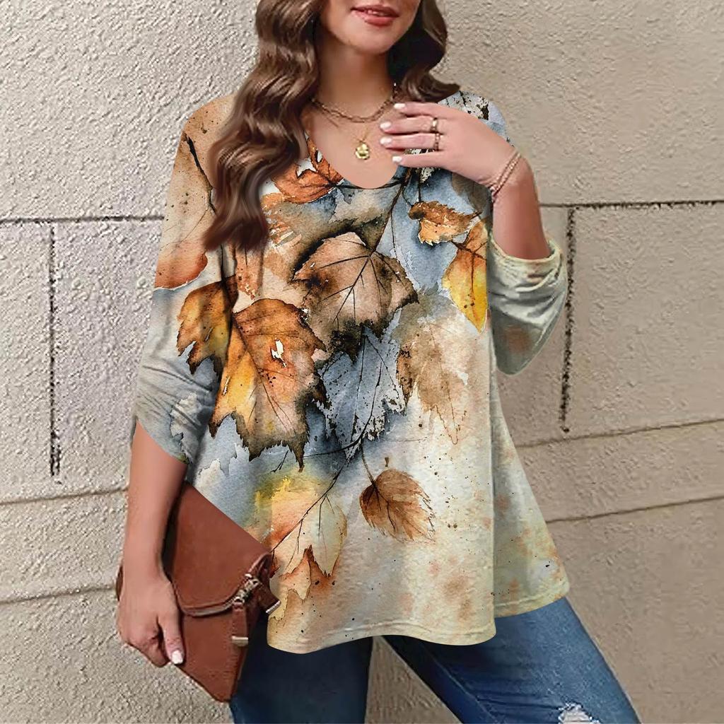 Women's Plus Size Fashion Printed Casual Pleated Round Neck Long Sleeve Top
