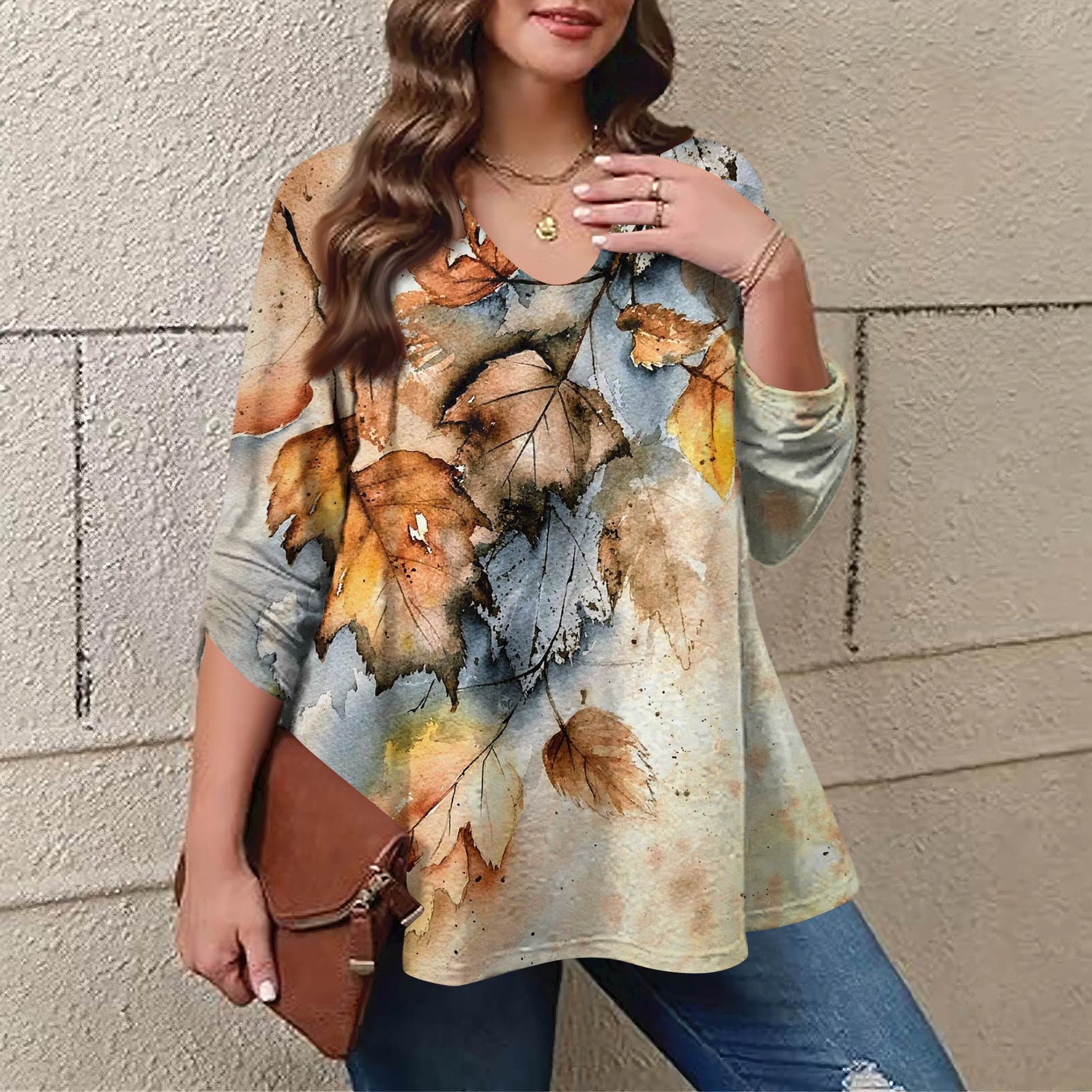 

Women s Plus Size Fashion Printed Casual Pleated Round Neck Long Sleeve Top XXXXL оранжевый