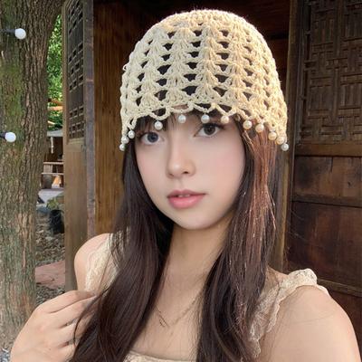 Knitting Hat Bohemian Style Hollow Design Women Hat with Faux Pearls Pendant Lightweight Elastic Hat Headwear