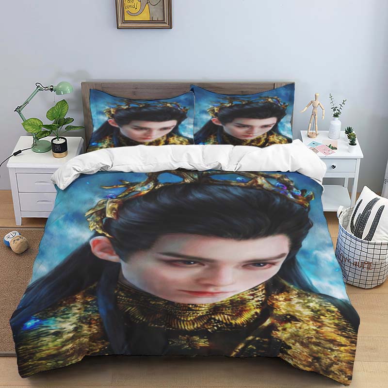 Ancient Chinese fantasy couple print bedding set, three-piece set, duvet cover and pillowcase set, dormitory single and double b