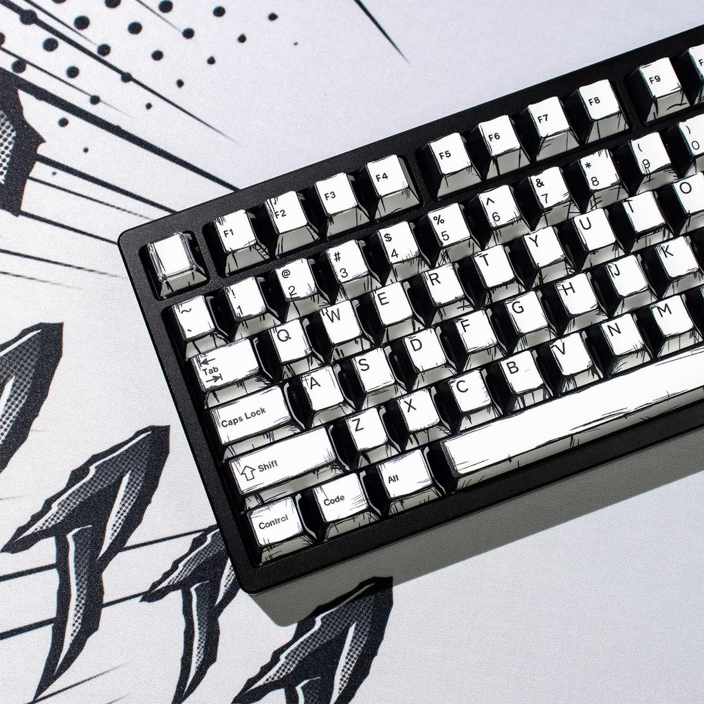 Retro PBT Keycaps Japanese Cartoon Theme Keycap Set 141 Key Cherry Profile Dye Sublimation Keycaps Black and White Keycaps for Cherry MX Mechanical