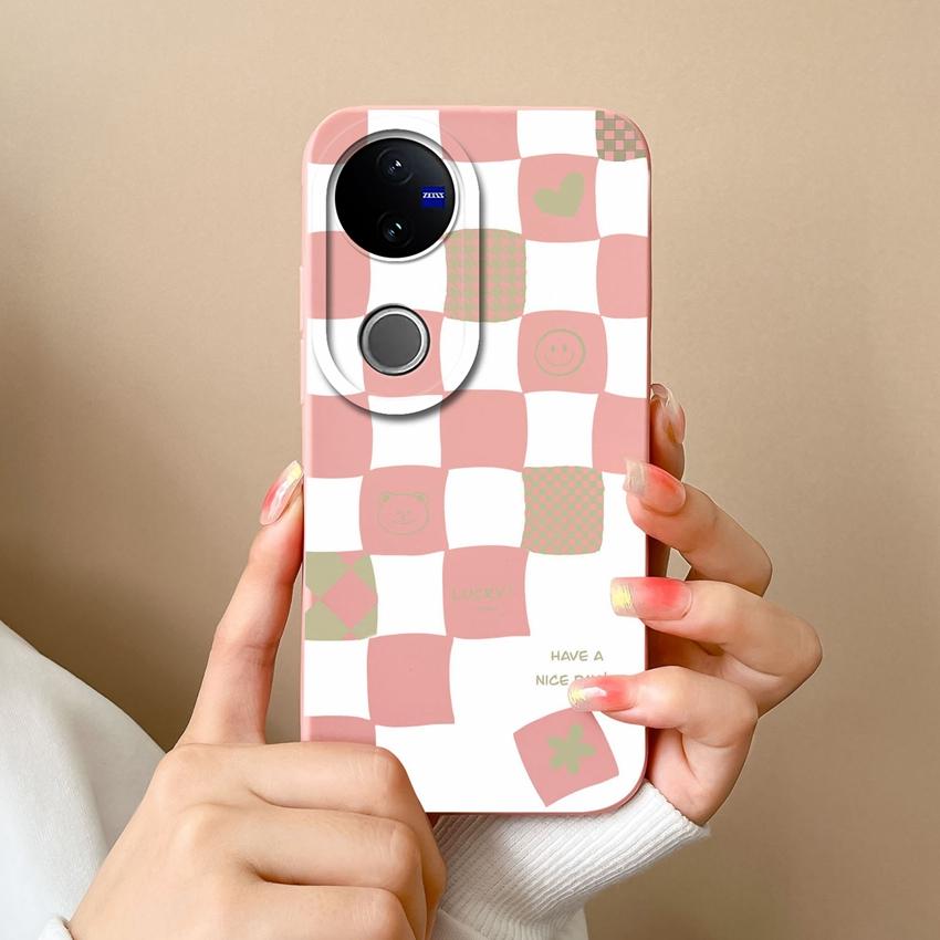 

Case For Vivo Y53S V50 Y16 Y31 Y55 IQOO Z10X Y51 Y70 Fashionable Creative Checkered Pattern Liquid Silicone Anti Fingerprint Shell For Vivo Cover Capa Vivo IQOO Z10X