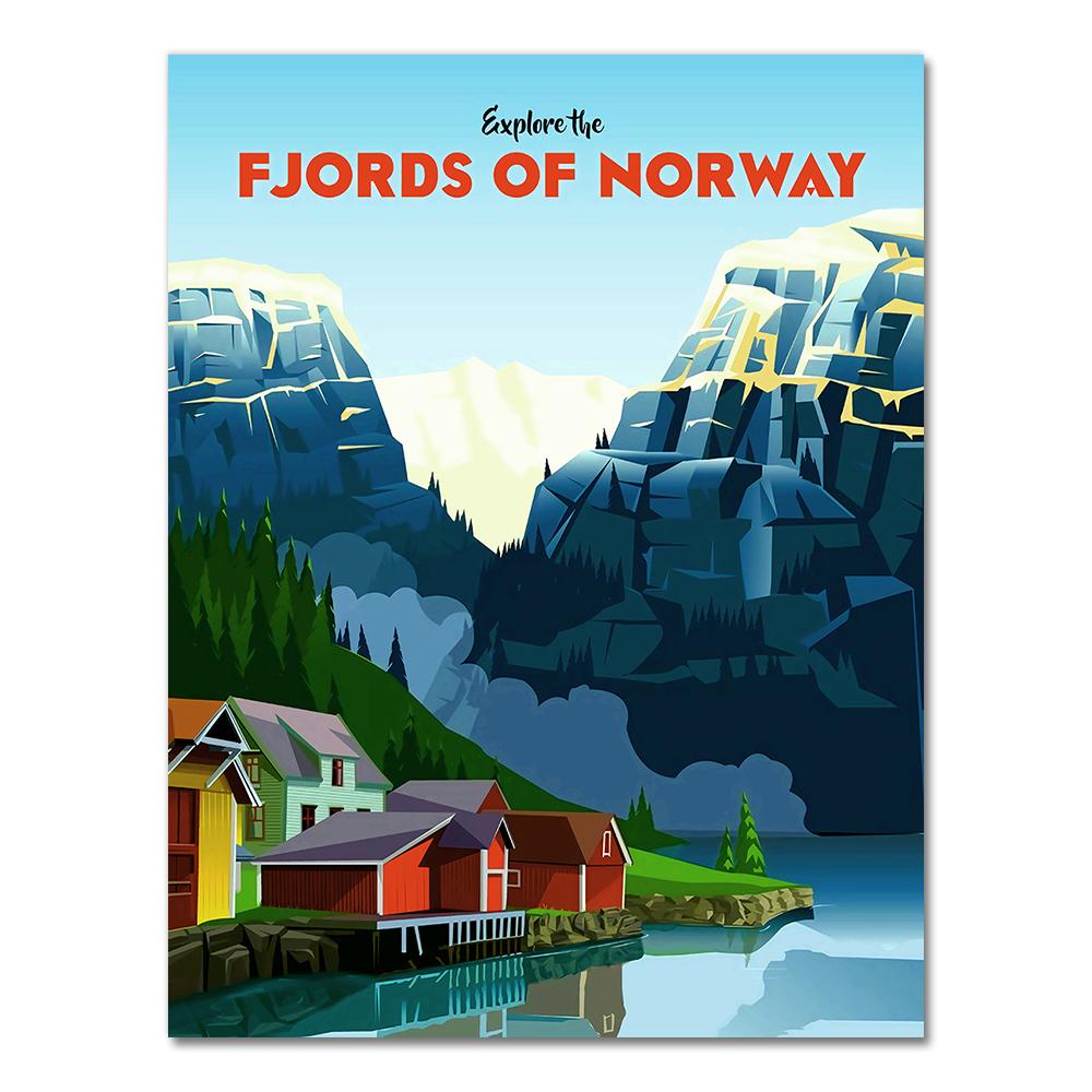 Ski in Norway Norge Fjords Map Vintage Retro Travel Classic Canvas Paintings Kraft Posters Wall Stickers Home Decor Family Gift