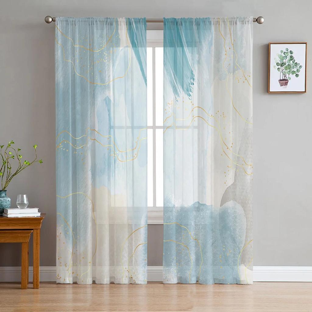 Marble Line Aqua Tulle Curtains for Living Room Bedroom Voile Sheer Curtain Window Home Decor Drapes