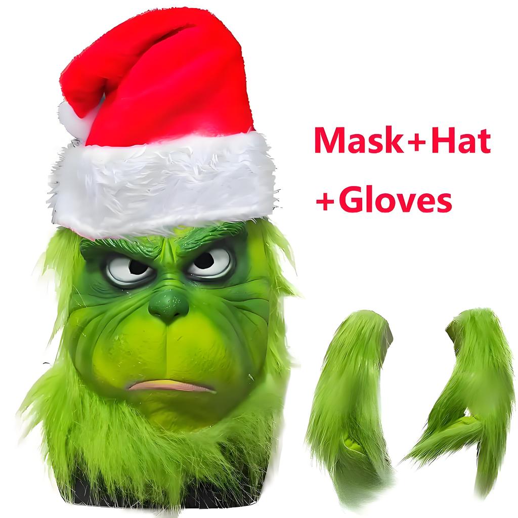 Latex Grinch Mask Christmas New Green Monster Mask Cartoon Costume Christmas Internet Celebrity Green Long Hair Grinch Mask Hat