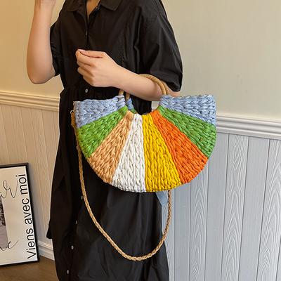 Summer New Contrasting Color Rainbow Straw Bag Portable Shoulder Oblique Span Women's Bag
