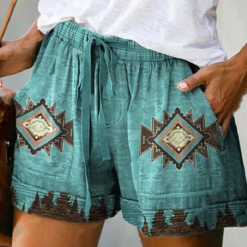 Women's Summer Trendy  Elastic Shorts Waistband Sweat Absorbing Thin Retro Print Drawstring Loose Shorts