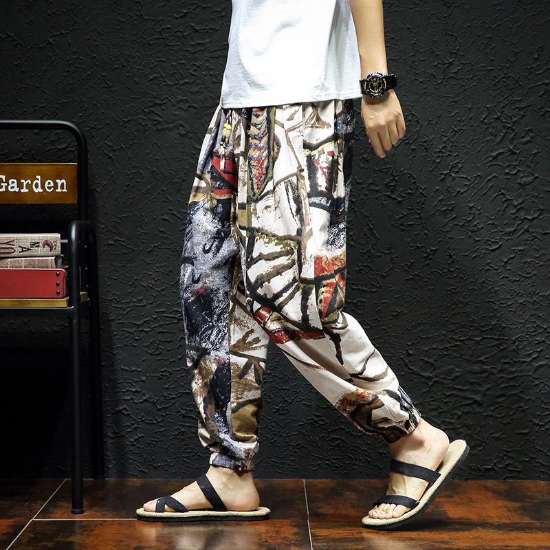 2023 Men's Autumn Cotton-Linen Floral Retro Large Size Slim-Fit Trousers