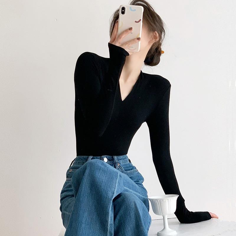 

Высококачественный трикотажный свитер с глубоким вырезом, женский, приталенный и тонкий, внутренний, с длинным рукавом, осенне-зимний, с открытыми плечами, в стиле Spice girl, чистый, желаемый, базовый топ XL чёрный