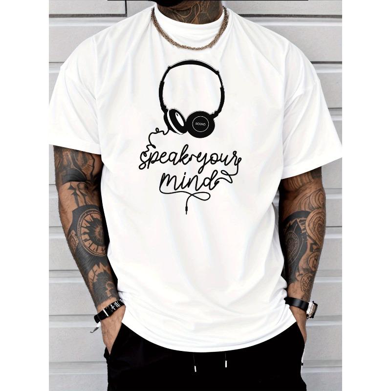 

European sizes Men S Trendy Casual Short Sleeve T-Shirt with Headphone Speak Your Mind Graphic Print | Street Style, Crew Neck, Regular Fit 4XL білий