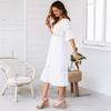 Boho Summer V Neck Flowy Dress for Women Floral Lace Ruffle A Line Dress Casual Bell Sleeve Beach Vacation Sundress