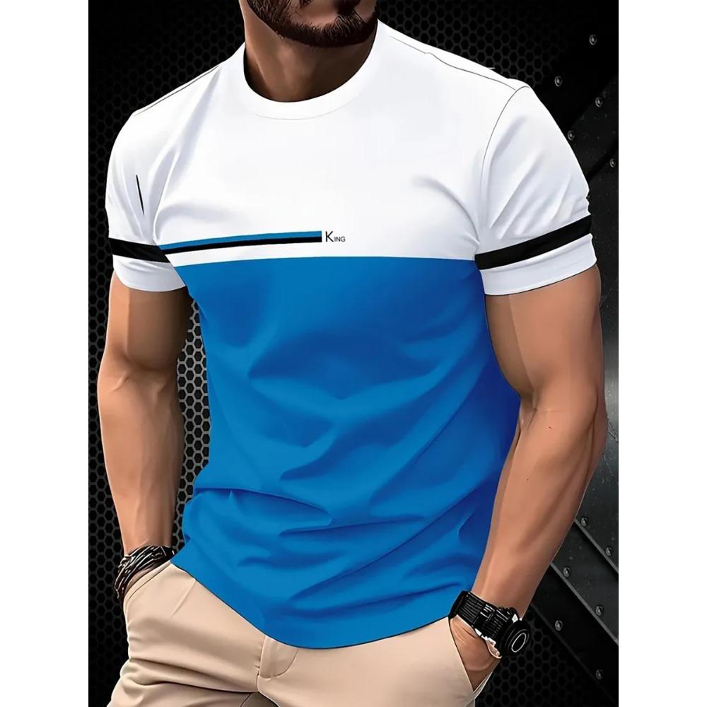 Men's Fashion Stripe Splicing 3D Printed Short Sleeve Comfortable To Wear