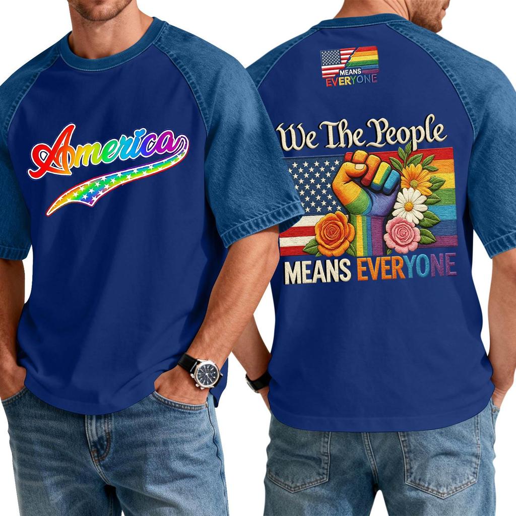 Men's Casual Short Sleeve T-Shirt Denim Patchwork Comfortable Fit Crew Neck Top with Printed Graphic Design Suitable for Everyday Wear