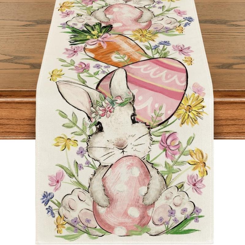Linen Table Scarf Easter Rabbit Eggs Pattern Rectangular Washable Table Runner For Spring Decorations And Home Styling
