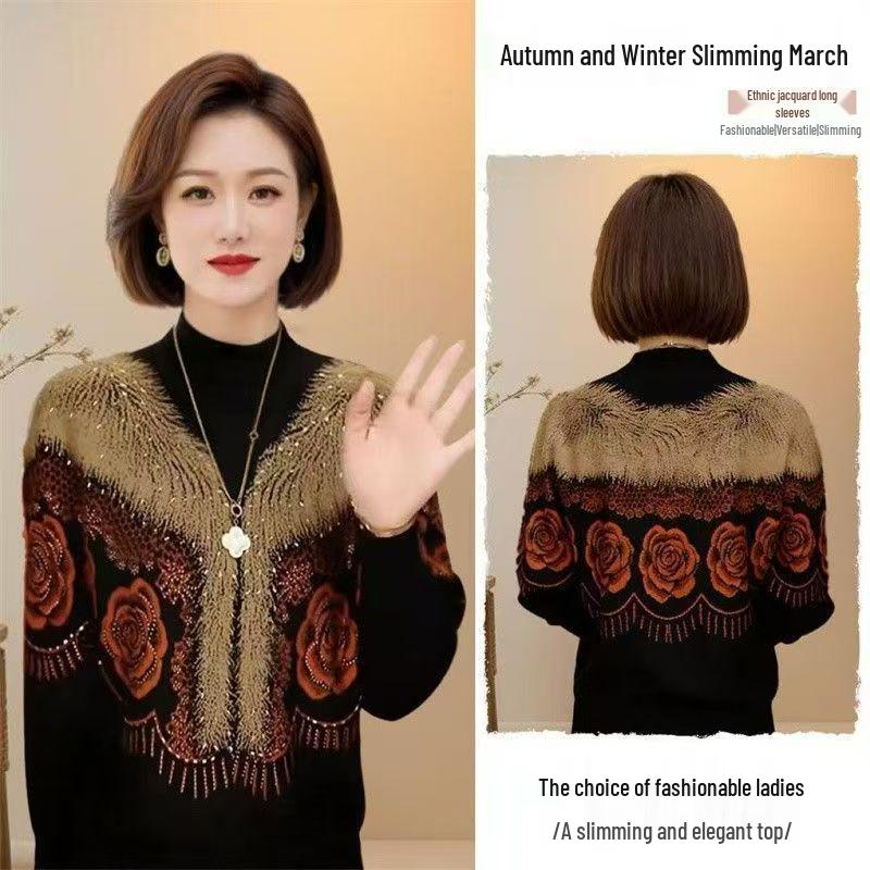 Plush Jacquard Rhinestone Top: Stylish, Slimming Autumn/Winter Layer