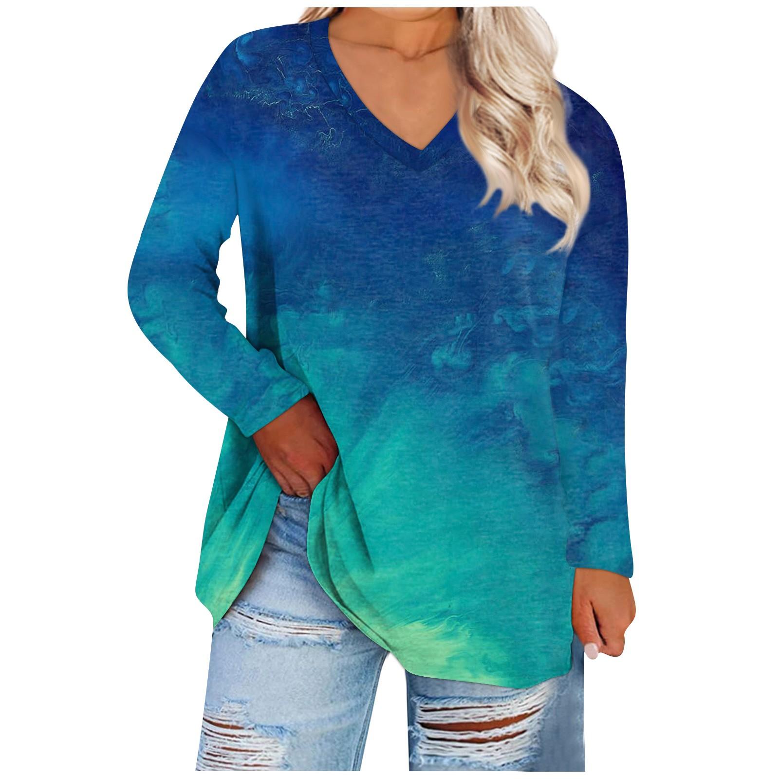 

Женская свободная и удобная футболка с длинными рукавами и круглым вырезом, повседневная XXL синий