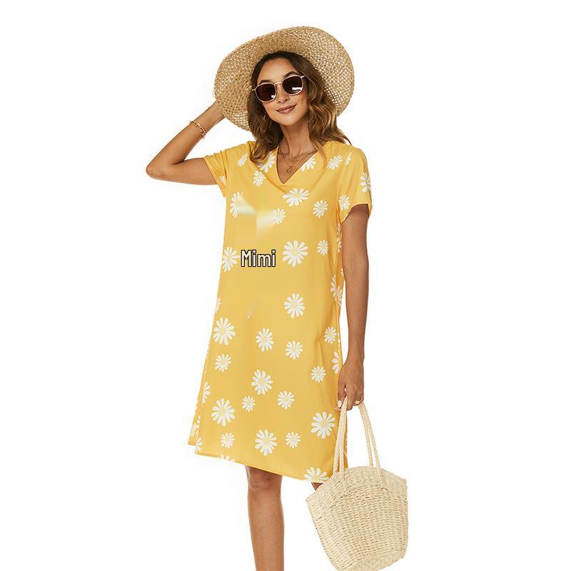 

Летнее женское платье А-силуэта с V-образным вырезом и желтыми ромашками - Европейский и американский стиль, повседневная мода с коротким рукавом 3XL жёлтый