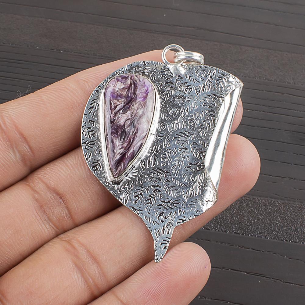 Natural Russian Charoite Gemstone 925 Sterling Silver Jewelry Pendant 2.09" AJP-2416