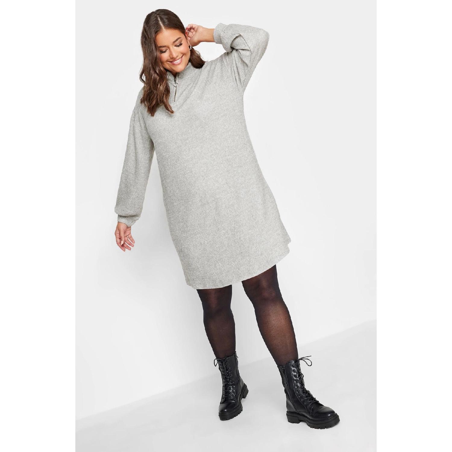 

Large Size Collar Zippered Long Sleeve Midi Size Dress 302617 54-56 сірий колір