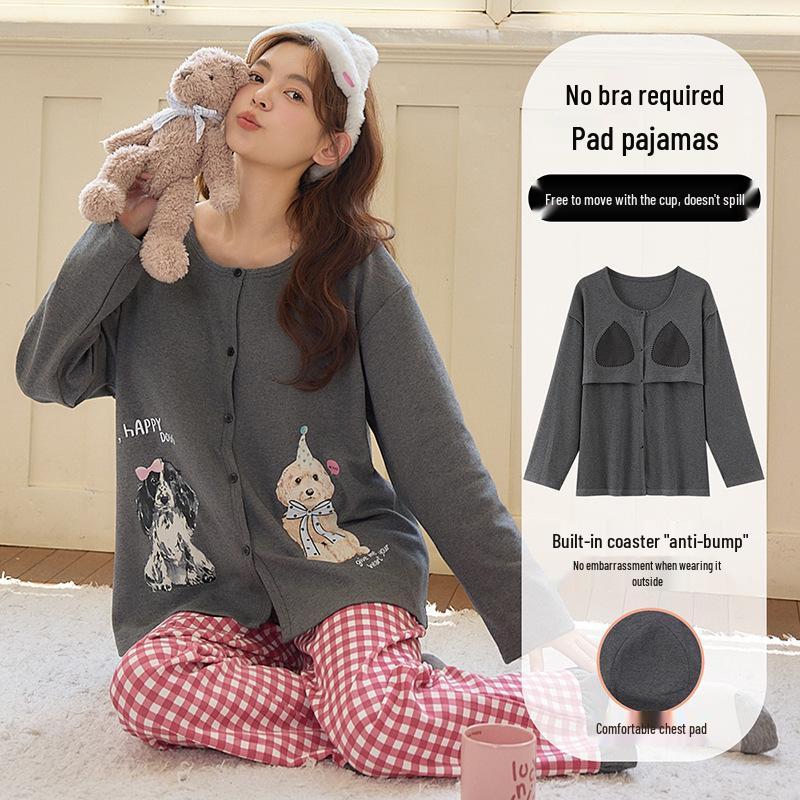 

Женская пижама-комбинезон с длинным рукавом и встроенным бюстгальтером, для ношения вне дома, милый комплект домашней одежды с круглым вырезом для весны и осени L