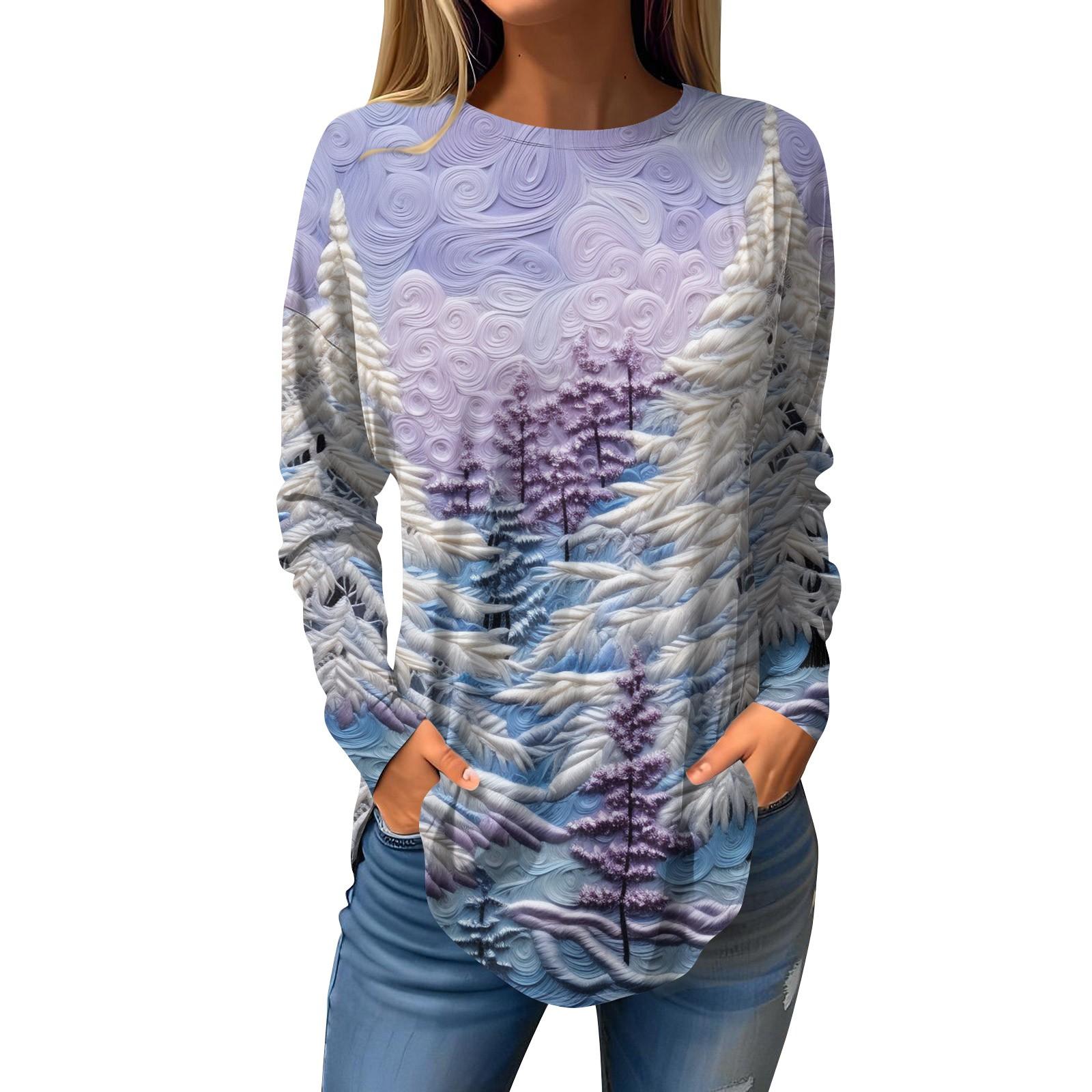 

Жіноча вільна футболка з різдвяним принтом і круглим вирізом, верхній пуловер і світшот з довгими рукавами M