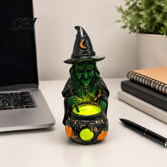 Indoor Outdoor Halloween Ornaments Witch Cauldron Lamp Figurine, Resin Scary Witches Lighted-Up Lighted Statue Cauldron, Festival Supplies Shelf