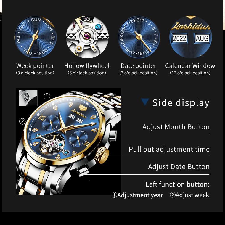 JINSHIDUN Neue Business- und Freizeit-Herrenuhr Einfache Business-wasserdichte leuchtende multifunktionale mechanische Uhr High-End-Herrenuhr