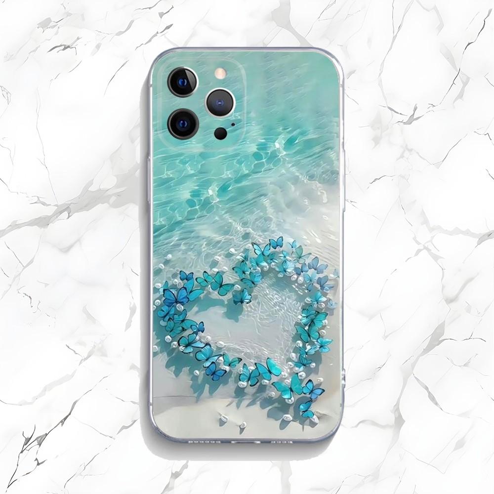 

Blue Butterfly Ocean Waves Phone Case For iPhone 15,14,13,12,11 Plus,Pro,Max,XR,XS,X,7,8 Plus,SE,Mini Transparent Silicone Soft iPhone7