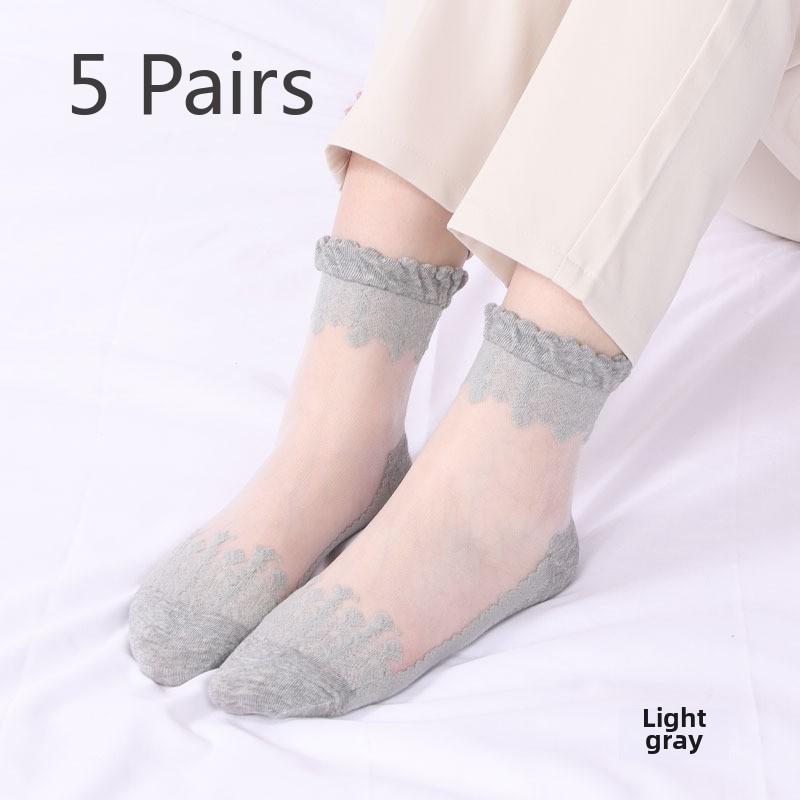 5 Pairs of Women's Spring Thin Mid Cylinder Cotton Sole Lace Lace Socks