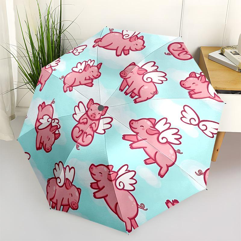 1pc Flying Pigs Fashionable Automatic Opening/Closing Folding Umbrella with 8 Bones, Windproof Portable, Daily Use109