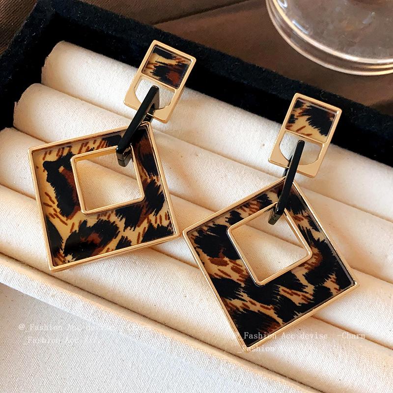 Silver Needle Rhombus Leopard Print Earrings - Retro Design Dangle Earrings, Light Luxury and Versatile