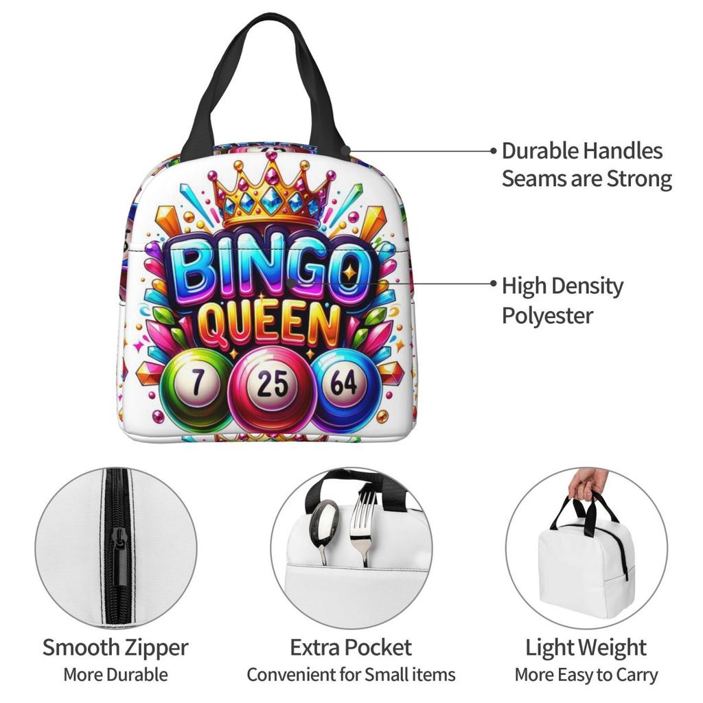 Bingo Queen Best Player Of Vacation Bingo Insulated Lunch Bag for Women Kids Portable Food Boxes Thermal Lunch Box Tote