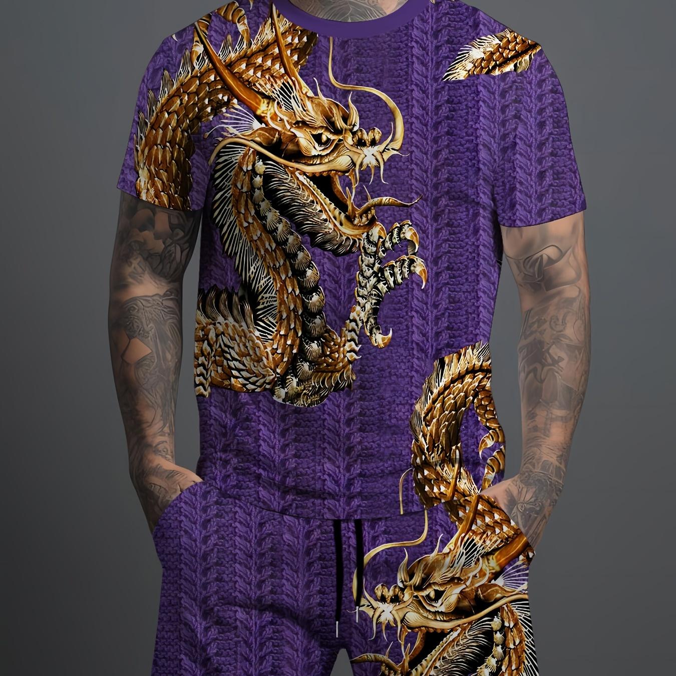 

Мужской комфортный комплект из двух предметов с принтом дракона: модная футболка с короткими рукавами и повседневные шорты с карманами на шнурке для летней уличной одежды 2XL